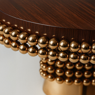Close-up of Lustra Dining Table showcasing rich Macassar ebony veneer and gold-plated brass detailing.