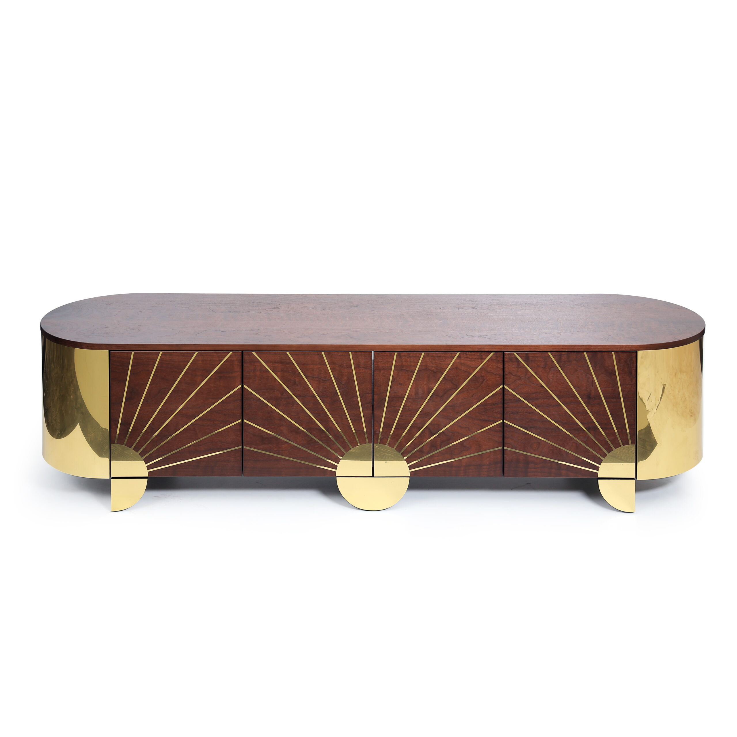 Contemporary wooden sideboard with sculptural brass base and clean minimalist lines.