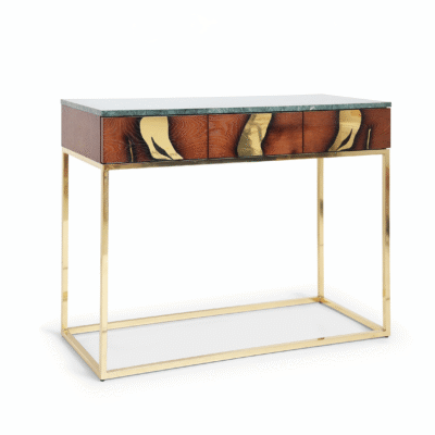 Icelandic-inspired console table with flowing brass accents and rich marble texture.