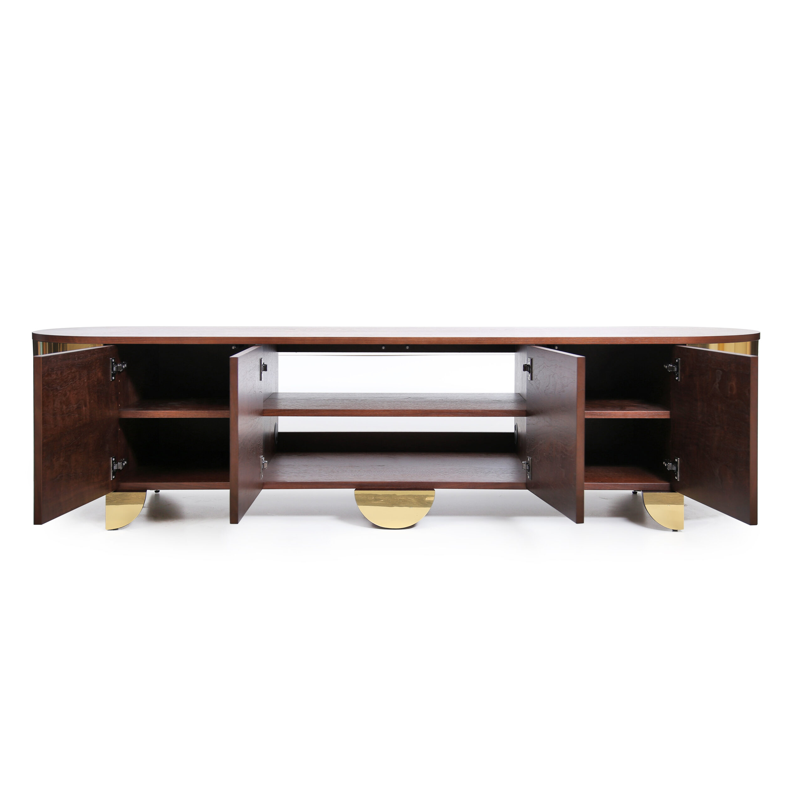 Interior view of Astor Sideboard featuring walnut veneer shelves and refined craftsmanship.