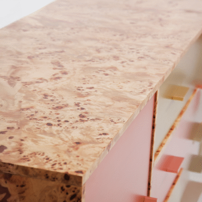 Close-up of Reykjavik Sideboard showing brushed copper accents and soft-close drawers.