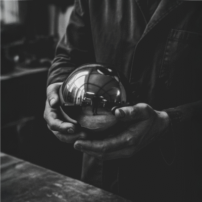 Elegant dining room furniture by Hekla Property combining dark wood and polished brass spheres.