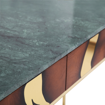 Close-up of Laxa Console Table showing brass inlays flowing across oak surface.