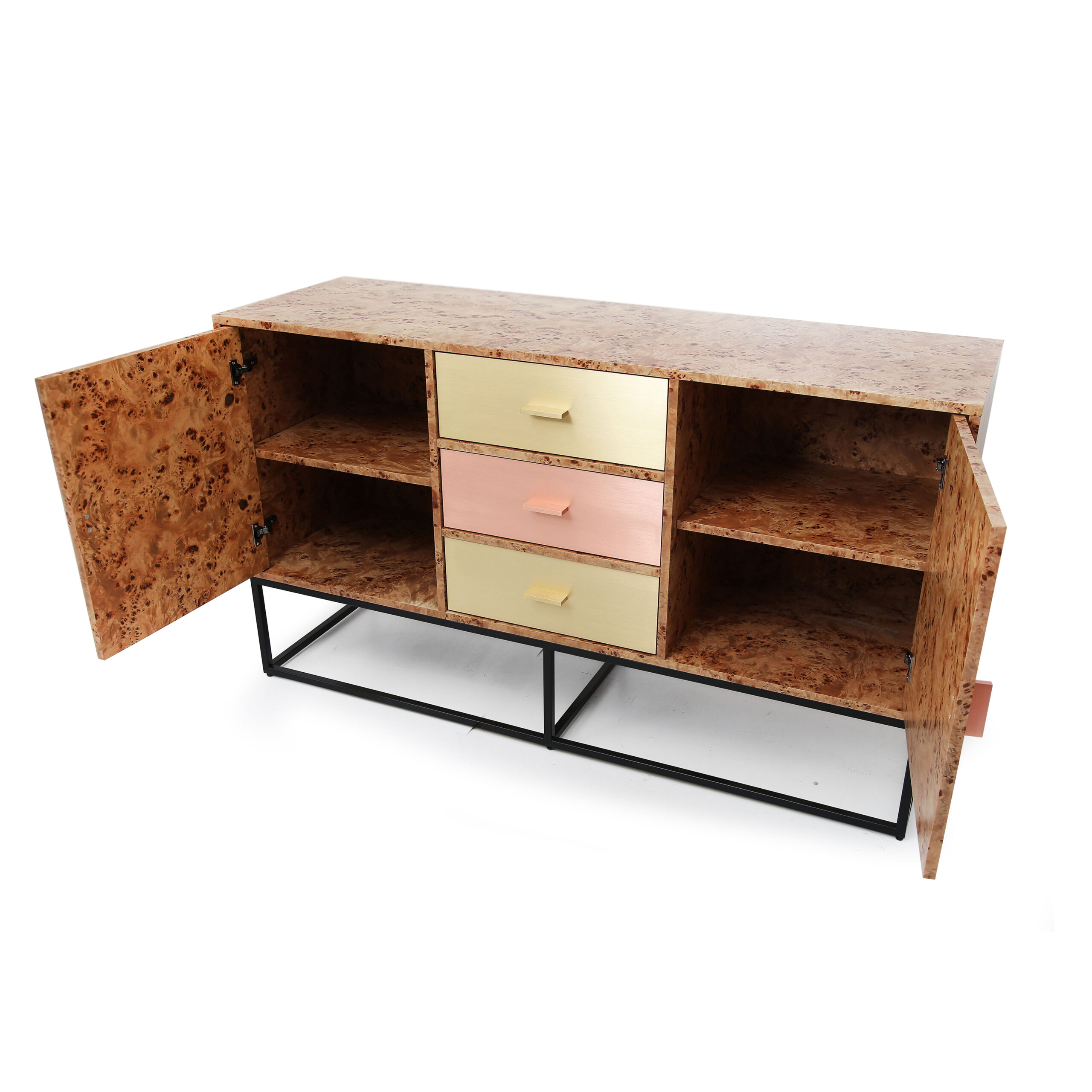 Contemporary luxury sideboard in poplar burl and brass, handcrafted by Hekla Property.