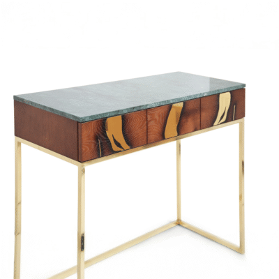 Modern console table with green Verde Alpi marble top and sculptural brass base.