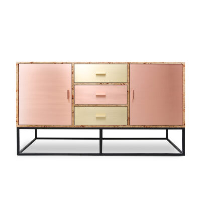Reykjavik Sideboard by Hekla Property – poplar burl veneer with brushed brass and copper detailing.