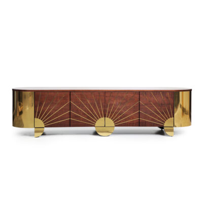 Astor Sideboard by Hekla Property – American walnut veneer with polished brass inlays and base.