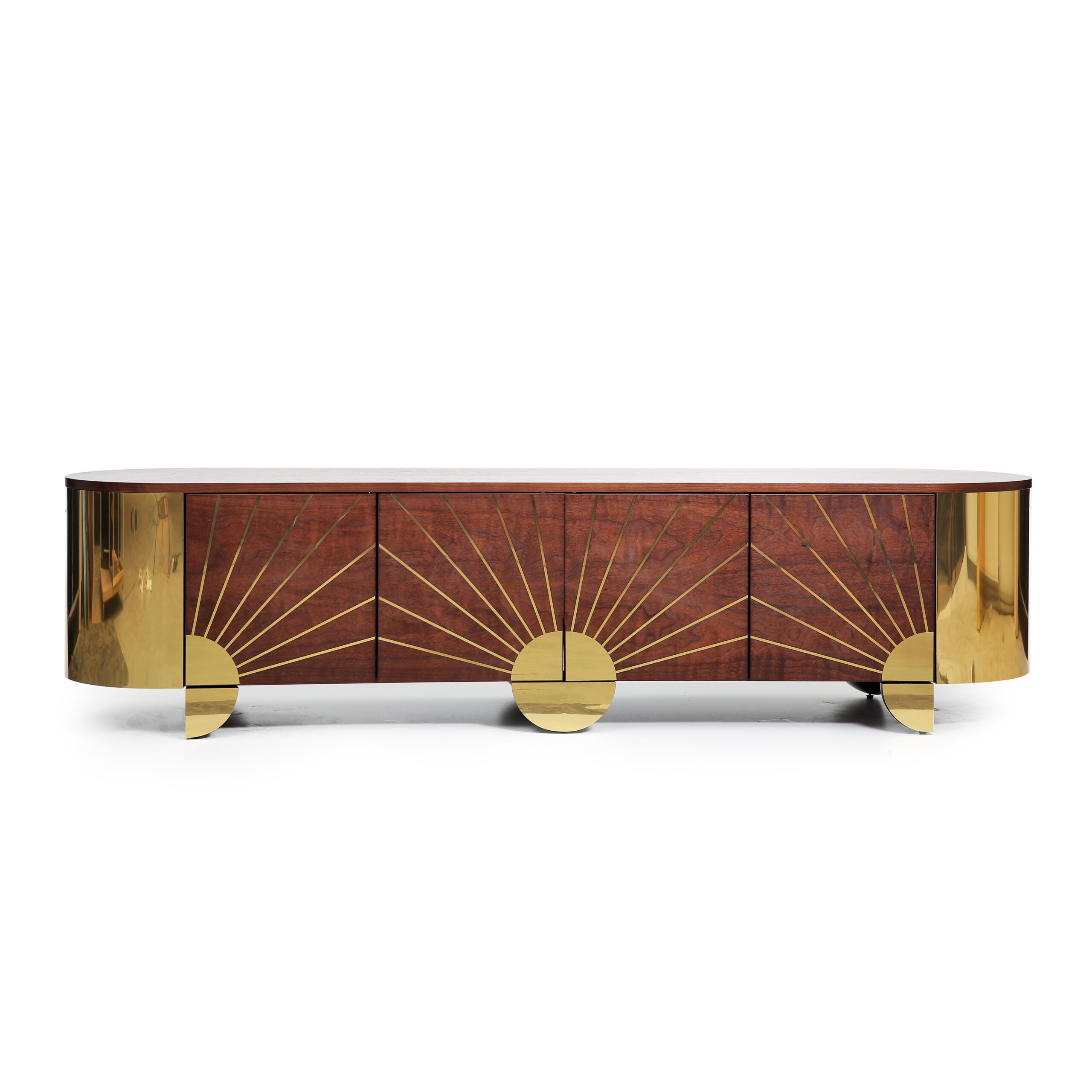 Astor Sideboard by Hekla Property – American walnut veneer with polished brass inlays and base.