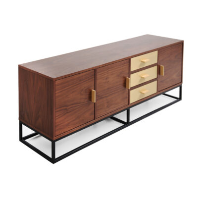 Scandinavian modern sideboard crafted from walnut wood with black powder-coated legs.