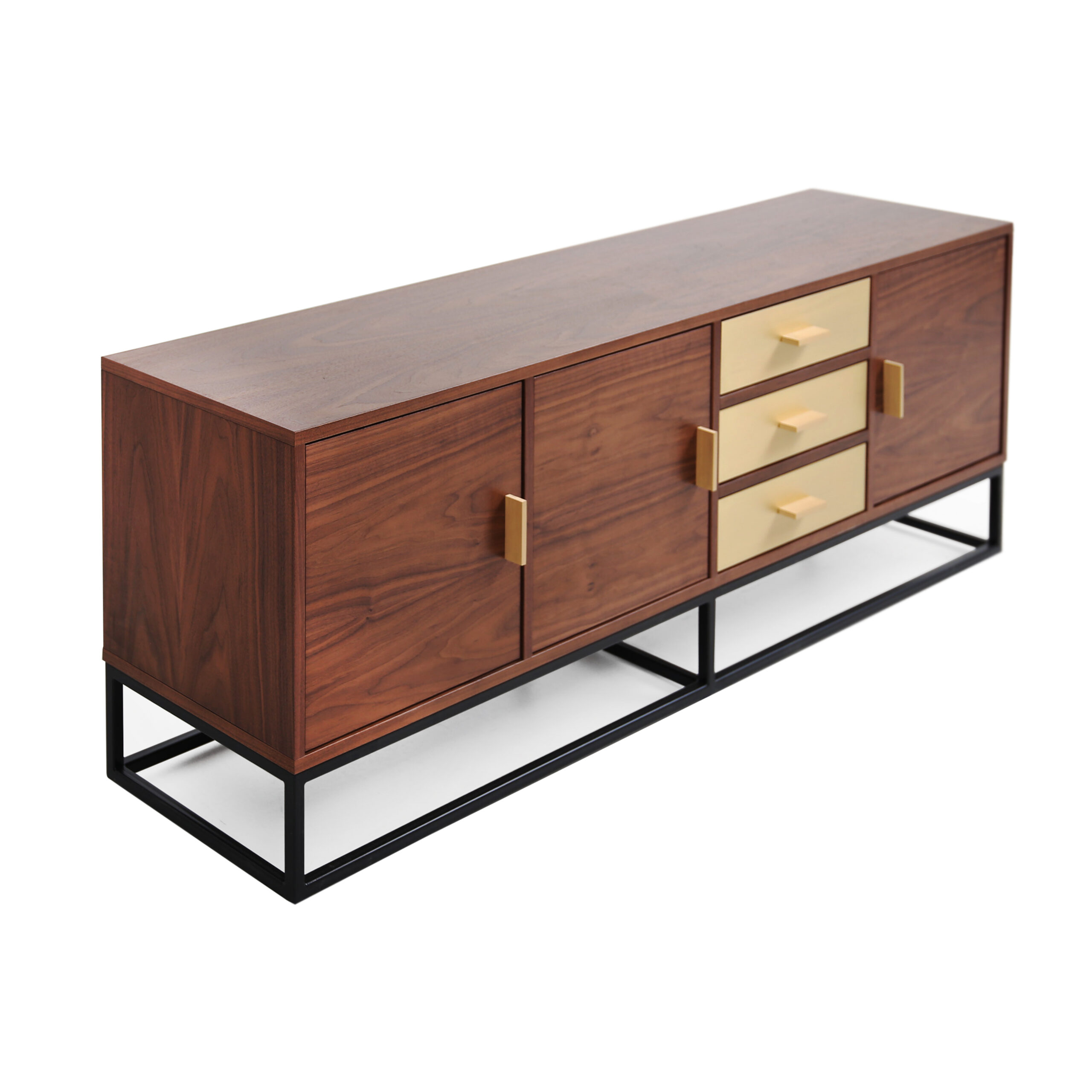 Scandinavian modern sideboard crafted from walnut wood with black powder-coated legs.