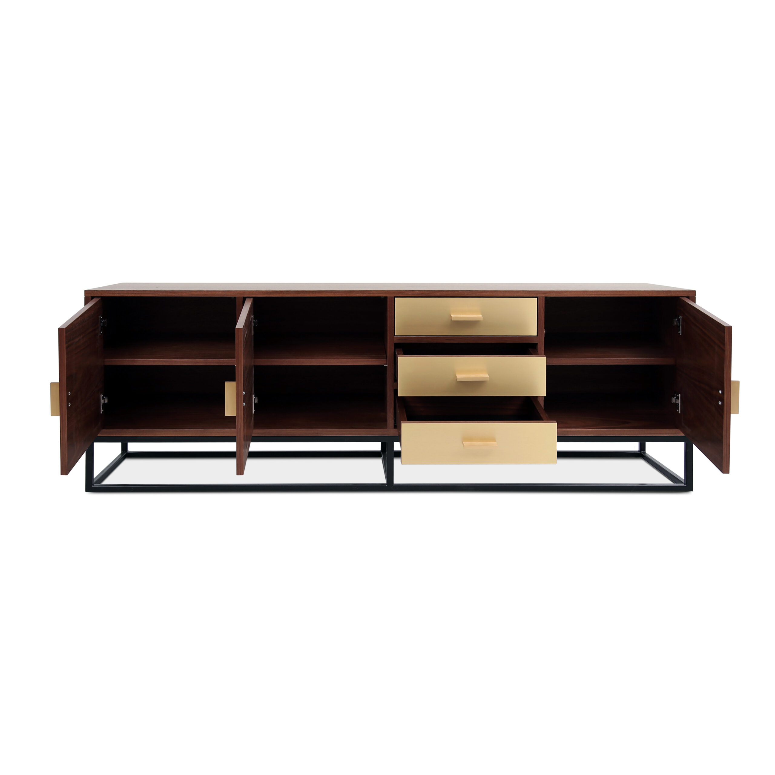 Walnut and brass storage furniture combining clean geometry and Nordic elegance.