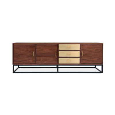 Kopavogur Sideboard by Hekla Property – American walnut veneer with brushed brass drawers and black steel legs.